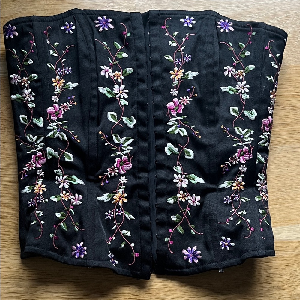 Embroidered Black Floral Corset Top